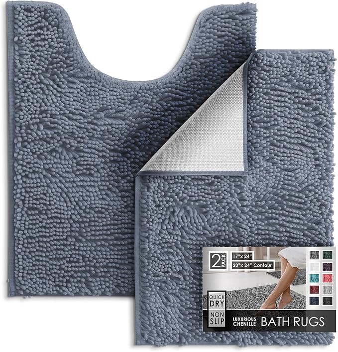 Hearth & Harbor Bathroom Rugs, Chenille Bath Mat - Machine Washable Bath Mats for Bathroom Non-Slip Backing Rubber, Quick Dry Bathroom Mat, 17 x 24 + 20 x 24 - Stone Blue