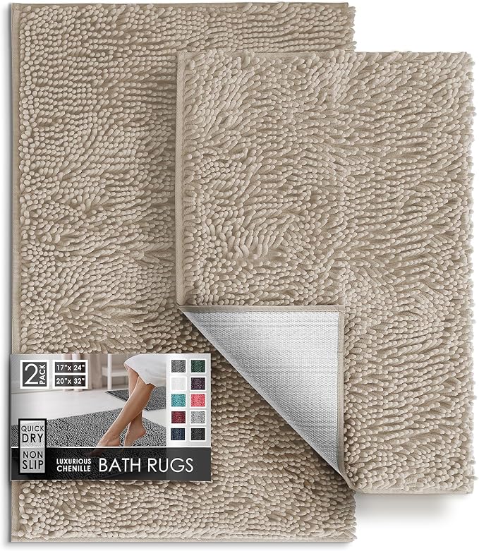 Hearth & Harbor Bathroom Rugs, Chenille Bath Mat - Machine Washable Bath Mats for Bathroom Non-Slip Backing Rubber, Quick Dry Bathroom Mat