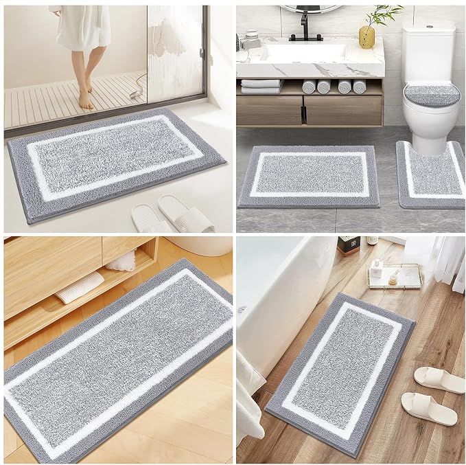 Pauwer Bathroom Rugs Set 5 Piece, Non Slip Microfiber Bath Mat, Light Grey | Washable Bathroom Mat with U Shaped Toilet Rug, Long Shower Runner, Toilet Lid Cover, Quick Dry Absorbent Plush Floor Carpet