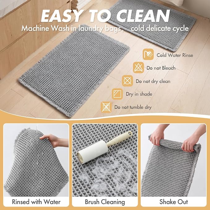 MIULEE Set of 2 Waffle Bathroom Rugs Light Grey Bath Mat 17"x24"+18"x30" | Non Slip, Super Absorbent, Washable, Ultra Soft, Rubber Backed, Small, Beige Boho Bath Rugs for Bathroom Floor Tub Shower