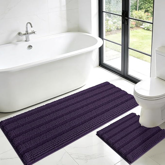 ACCUMTEK Striped Eggplant Purple Toilet Bathroom Rug Mat Set 2 piece Rug Ultra Soft, Non Slip Chenille Bath Rugs, Absorbent Plush Shaggy Bath Mats for Bathroom, Bedroom, Kitchen, Shower, Tub