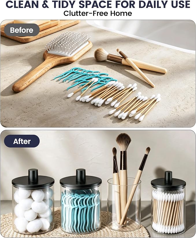Glass Qtip Holder Dispenser - 4 Pack, Bathroom Decor and Organizer | Clear Canister Apothecary Jars with Lids for Cotton Swabs, Balls, Pads, Floss Picks, Vanity Bathroom Accessories Storage Set