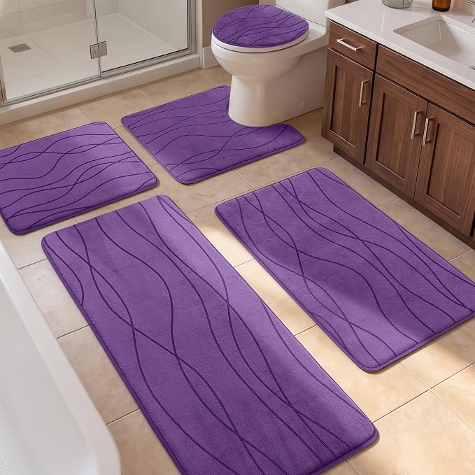 Bathroom Rugs Set 5 Piece, Memory Foam Bath Mat Purple | Ultra Soft, Absorbent, Non-Slip, Machine Washable, for Bathroom, Sink and Toilet