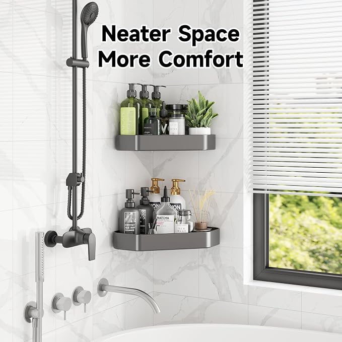 Veken Aluminum Corner Shower Caddy 4-Pack, Never Rust, No Drilling Adhesive Shelves, Stainless Rack with Soap Holder, Bathroom Organizers and Storage, Wall-Mounted Kitchen & Home Decor, Grey