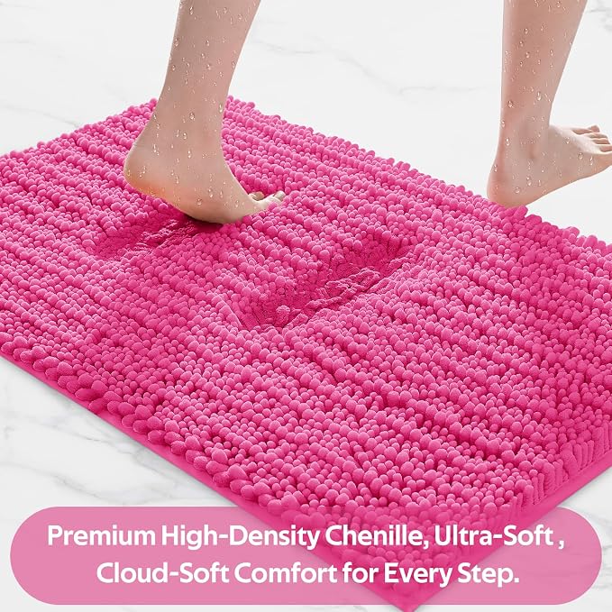 ACCUMTEK Upgrade Extra Large Shiny Pink Bathroom Rug Set 3 Pieces Ultra Soft, Thick Absorbent Bath Mats, Non Slip Chenille Toilet Mat for Bathroom, Bedroom, Kitchen