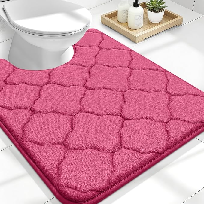 OLANLY Memory Foam Toilet Rugs U-Shaped 24x20, Soft Bath Mat, Deep Pink | Thick Absorbent Carpet, Non-Slip Backing, Machine Washable, for Bathroom Floor, Tub, Shower and Home Decor Accessories