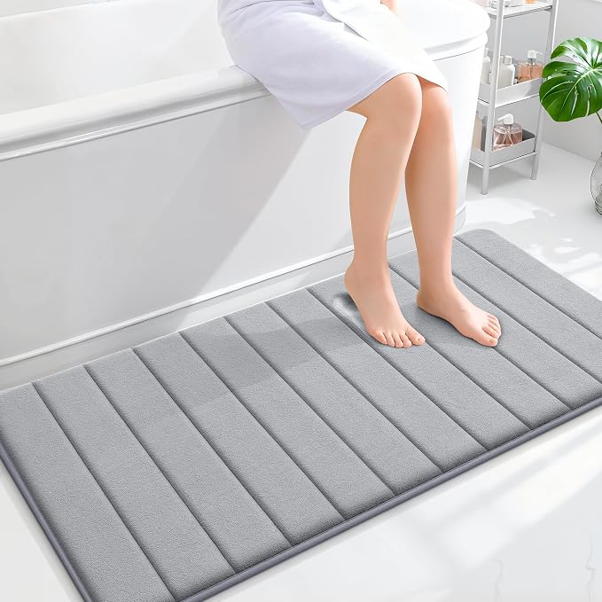 OLANLY Memory Foam Long Bathroom Rugs Runner 47x24, Super Soft Absorbent | Grey, Quick Dry Bath Mat, Machine Washable Shower Floor Rugs, Bathmat Carpet for Bathroom Floor, Tub and Shower