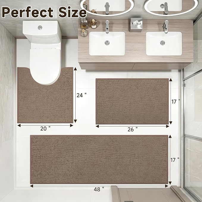 Pauwer Bathroom Rugs Sets 3 Piece, Ultra Thin Bath Mat Set, Brown | Non Slip Washable, Quick Dry, Super Absorbent, U-shaped Contour Toilet Rug, Low Pile, For Floor Sink Shower Room