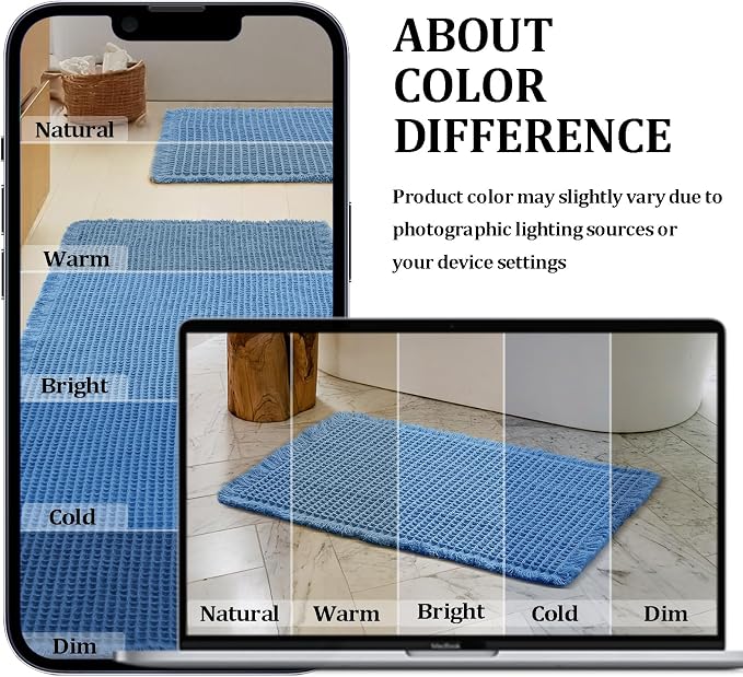 JIUZHEN Set of 2 Waffle Bathroom Rugs Boho Bath Mats 16"x24"+24"x36", Blue | Non Slip, Super Absorbent, Washable, Ultra Soft, Fast Drying Waffle Bathroom Rugs for Bathroom Floor, Tub, Shower