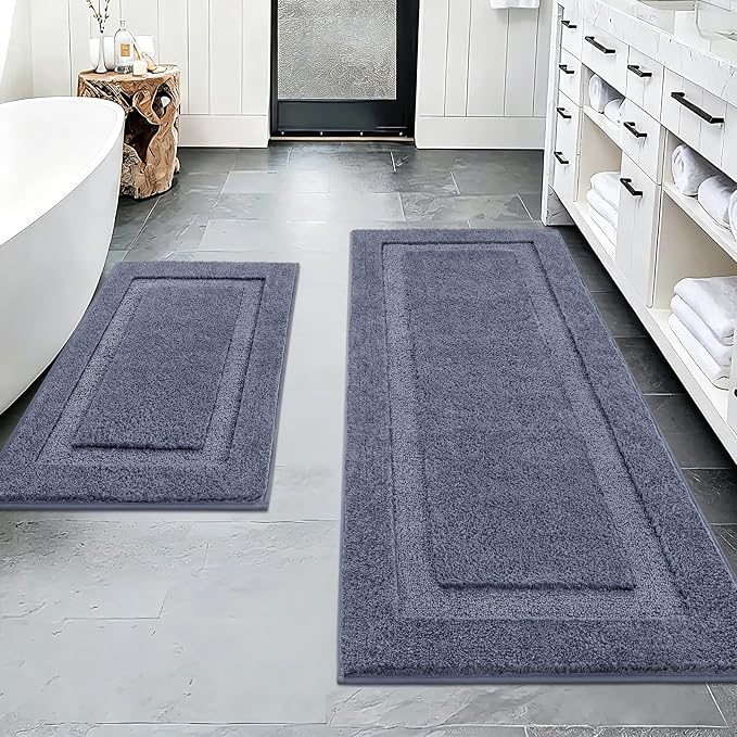SHACOS Soft Microfiber Bathroom Rugs Set of 2 Pieces, Dark Grey | 47x20 + 32x20, Absorbent Plush Bath Rugs, Non Slip Washable Shaggy Bath Mats, Fluffy Bathroom Runner Floor Mats Shower Rug
