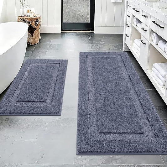 SHACOS Soft Microfiber Bathroom Rugs Set of 2 Pieces, Dark Grey | 47x20 + 32x20, Absorbent Plush Bath Rugs, Non Slip Washable Shaggy Bath Mats, Fluffy Bathroom Runner Floor Mats Shower Rug