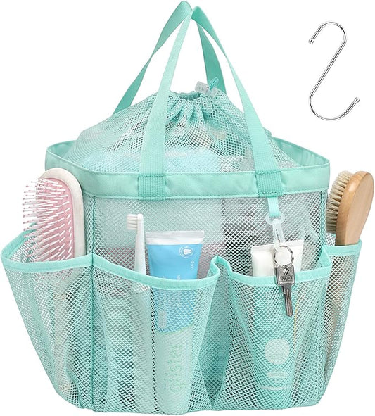 F-color Mesh Shower Caddy Portable with Drawstring - Large 8 Pockets Dorm Room Essentials for Guys Girls with S Hook, Shower Bag Basket Tote for College Camping Gym Travel Bathroom, Sage Green