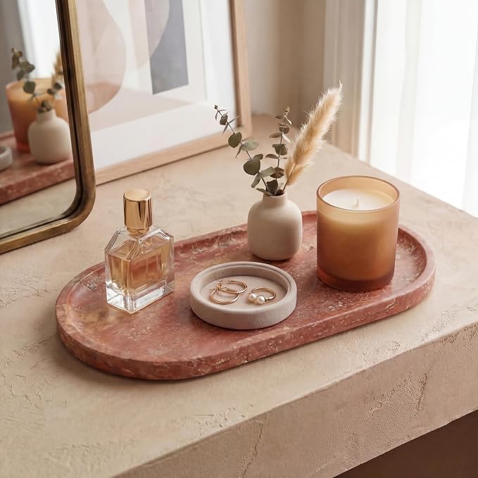 YKAJO Rosso Levanto Red Oval Marble Tray, 11.8x5.9 Perfume Organizer Dish | Honed natural stone; holds jewelry, rings, keys, candles, trinkets; for dresser, nightstand, bath counter