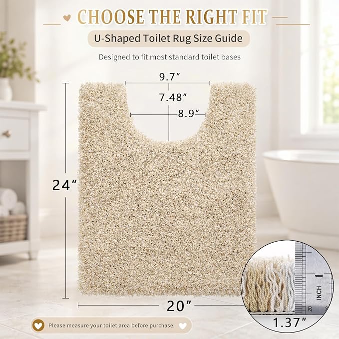 Yimobra Toilet Rugs U Shaped 24X20, Ultra Soft and Water Absorbent Bath Mats, Non Slip Fluffy Luxury Microfiber Contour Bath Rugs for Toilet, Dry Quick, Machine Washable, Light Beige and White