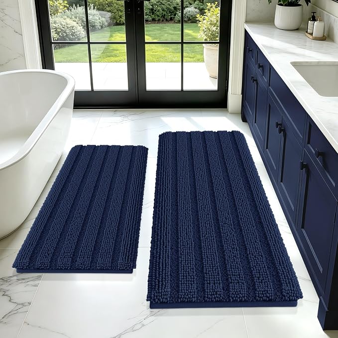 ACCUMTEK Striped Navy Blue Bathroom Rug Mat Set 2 piece 24"x17"+48"x20" Ultra Soft, Non Slip Chenille Bath Rugs, Absorbent Plush Shaggy Bath Mats for Bathroom, Bedroom, Kitchen, Shower, Tub