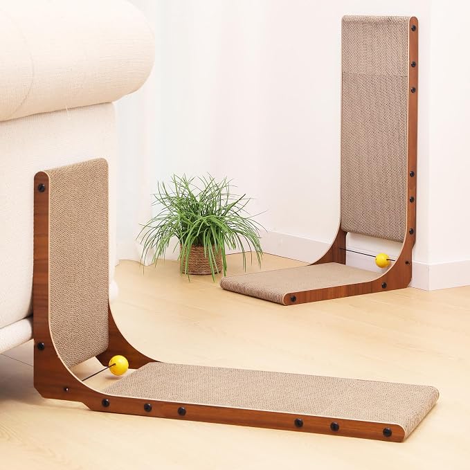 FUKUMARU Cat Scratcher for Indoor Cats, 26.8 Inch Cat Scratch Pad L Shaped | 2 Packs Cardboard Cat Scratcher, Vertical Cat Scratching Board with Ball Toy, Walnut Color