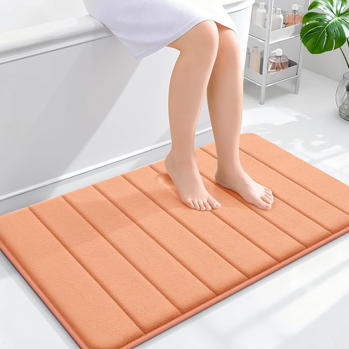 OLANLY Memory Foam Bath Mat 35x24, Super Soft and Absorbent Bathroom Rugs | Peach, Quick Dry Bath Rug, Machine Washable Shower Floor Mats, Bathmat Carpet for Bathroom Floor, Tub and Shower