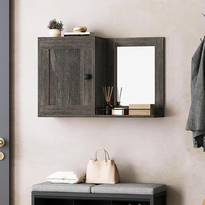 YATINEY Medicine Wall Cabinet with Mirror, Bathroom Mirror with Storage, Medicine Cabinet Mirror, Wall Mounted Home Storage, Adjustable Shelf, for Laundry Room, Bedroom, Camper, Hallway, Smoky Oak