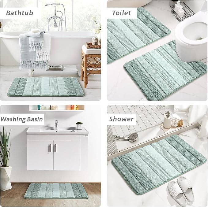 Kmson 3 Pcs Ombre Chenille Bathroom Rugs Set, Non-Slip Ultra Soft Washable Shaggy Bath Rugs for Bathtub, Thick Water Absorbent Microfiber Shower Mat Green