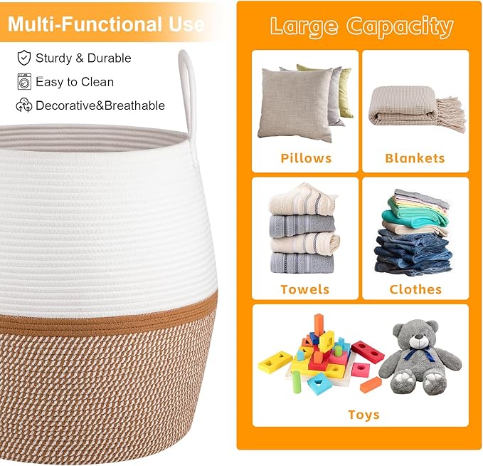 OIAHOMY 80L Blanket Basket with Handle, Storage Basket for Living Room, Laundry Hamper for Clothes, Towels, Pillows, Toy Storage for Kids and Dogs, Baby Hamper for Nursery - Brown & White