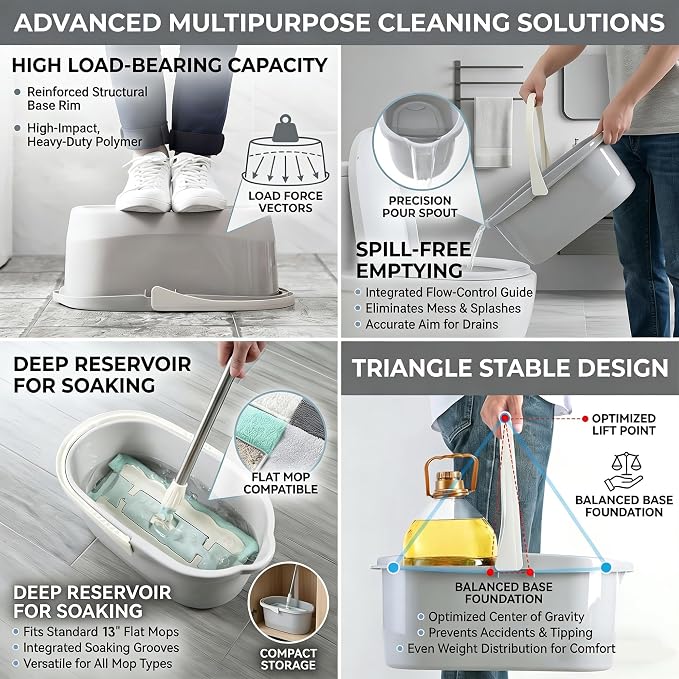 Haundry Compact Mop Bucket with Handle, Rectangular Cleaning Bucket and Caddy for Cleaning Supplies, 10L, Grey