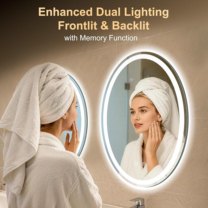 Oval LED Mirror for Bathroom,20x28 Lighted Vanity Mirror with Lights | Smart Anti-Fog, Dimmable 3 Color Modes, Backlit+Frontlit, Memory Function, HD Tempered Glass,Touch Sensor,Horizontal/Vertical