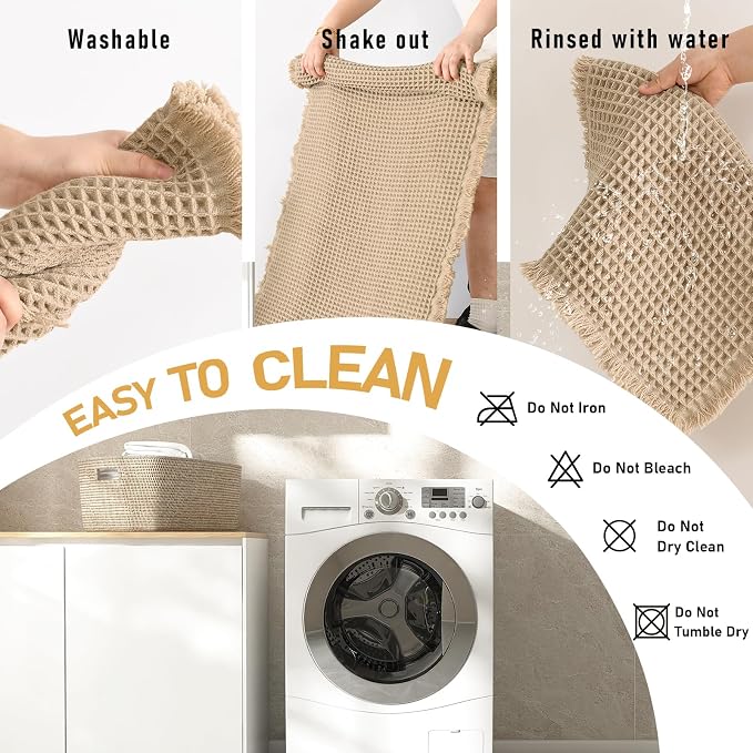 JIUZHEN Set of 2 Waffle Bath Mats Boho Bath Rugs 16"x24"+20"x32", Brown | Non Slip, Super Absorbent, Washable, Ultra Soft, Fast Drying Waffle Bathroom Rugs for Bathroom Floor, Tub, Shower