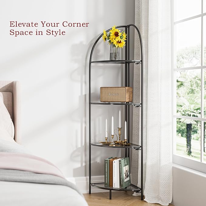 Crofy Foldable 4 Tier Corner Shelf, Metal Corner Plant Stand with Black Frame and Transparent Shelves, Corner Display Rack Multipurpose Shelving Unit for Living Room, Bedroom, Bathroom