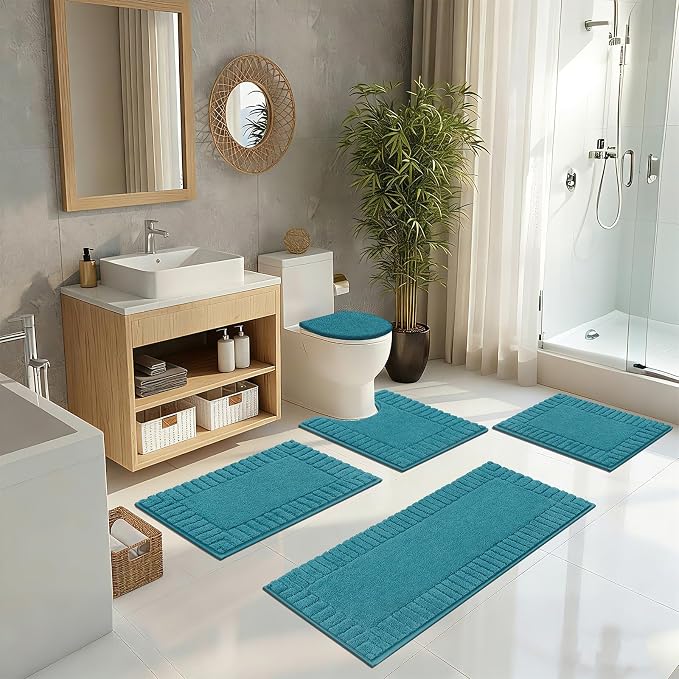 Pauwer Bathroom Rugs Set 5 Piece Non Slip Washable Bath Mat, Aqua Blue | U Shaped Contour Toilet Rugs, Soft Plush, Absorbent, Microfiber Shower Rug, Quick Dry Toilet Lid Cover