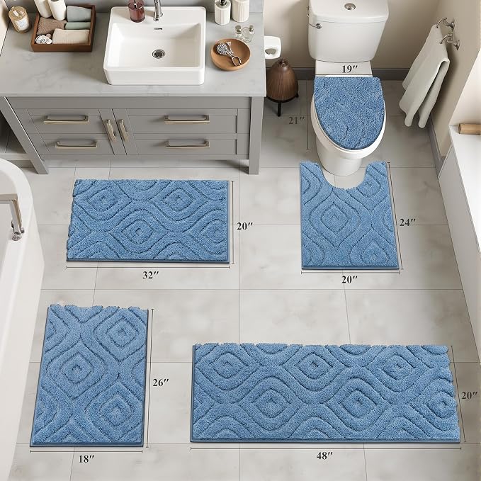 Ileading Bathroom Rugs Sets 5 Piece, Non Slip Washable Bath Mat Set | Absorbent Plush Microfiber Bathroom Mat Set with Toilet Cover, Bath Runner and U-Shaped Contour Rug for Tub, Shower, Blue