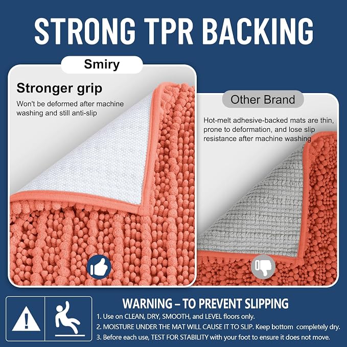 Smiry Bathroom Rugs 47X24, Extra Soft Rubber Backing Chenille Bath Mats | Coral Machine Washable Non Slip Quick Dry Bath Mats for Bathroom Floor, Tub, Shower, Home Decor Accessories