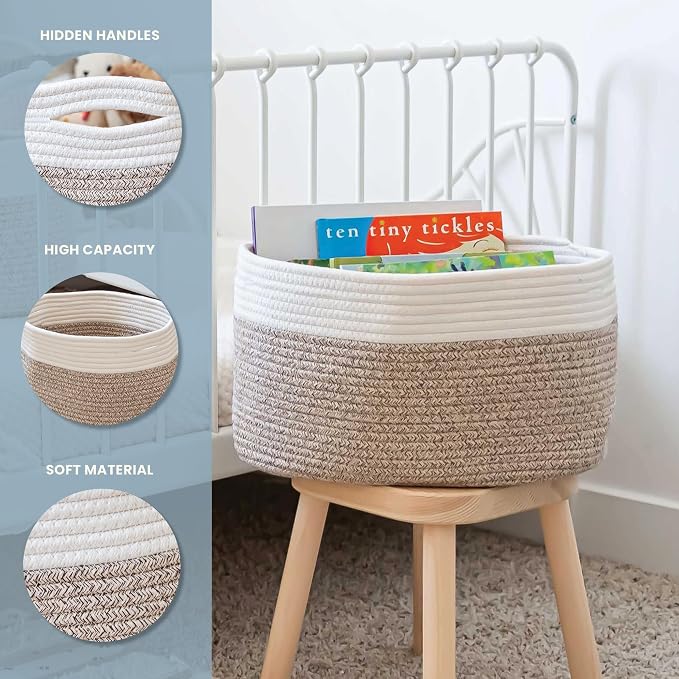 Brown Cotton Rope Baskets for Shelves, Set of 3 - 15"×10"×9½" - Woven Storage Baskets for Organizing - Closet, Nursery, Bedroom, Playroom - Toys, Books, Towels, Clothes