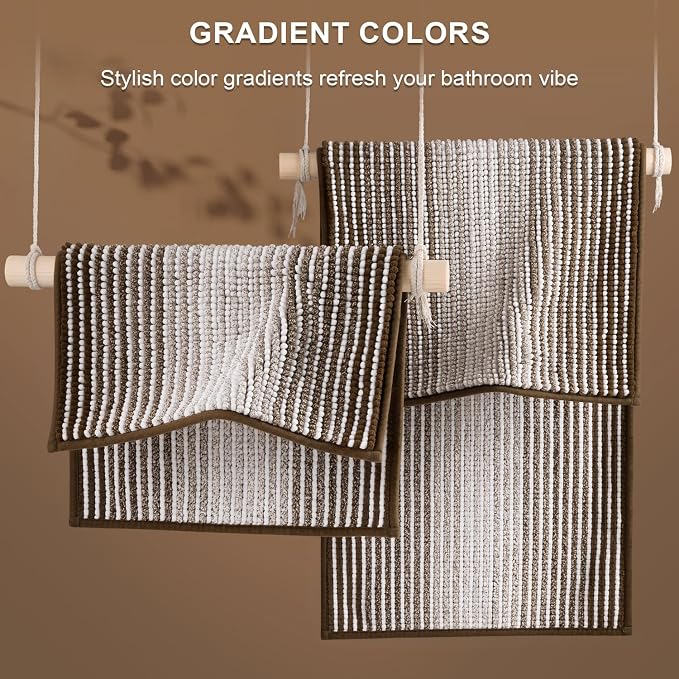 BSICPRO Bathroom Rugs Sets 2 Piece, Non Slip Striped Bath Mats, Brown | 24"x70" Plus 20"x32", Soft Absorbent Chenille, Quick Dry Machine Washable, Shower Rug for Bathroom Floor, Tub, Bedroom Decor