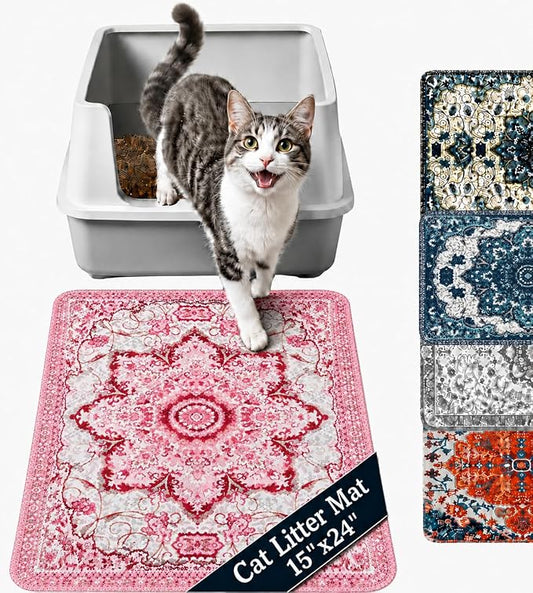 PUPIBOO Cat Litter Mat, Litter Trapping Mat, and Washable Cat Pee Pad | Cat litter box mat and cat food mat, 15x24in, 4-layer, OekoTex-, non-slip, washes up to 500 times