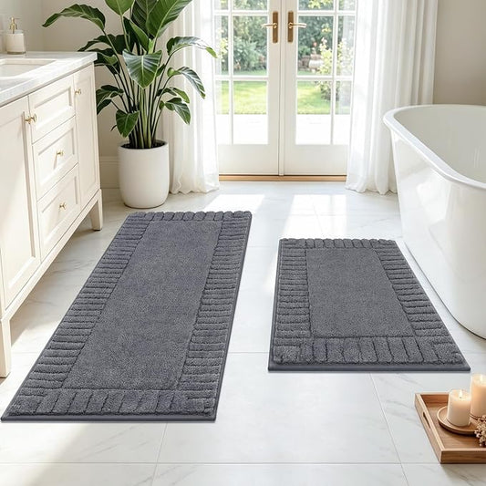 Pauwer Bathroom Rugs Sets 2 Piece, Non Slip Plush Bath Mats, Dark Grey | Machine Washable Shower Rugs, Absorbent Quick Dry Floor Mat for Bath Floor Tub and Shower
