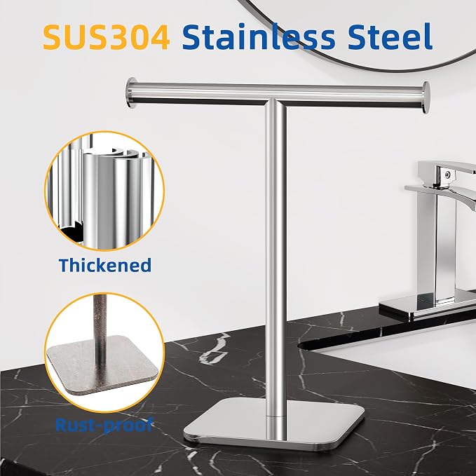 RUACQ T-Shape Hand Towel Holder Stand, 12inch Weighted Base Towel Rack, Countertop Towel Holder for Bathroom, 304 Stainless Steel, Heavy Duty (Chrome)