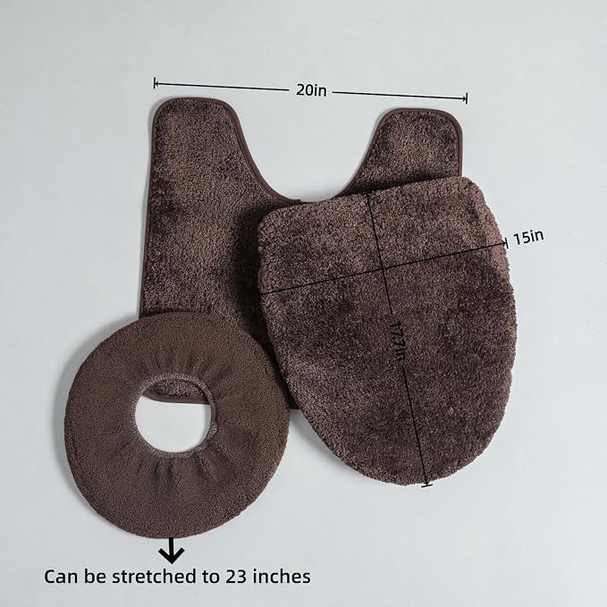 3piece Toilet Seat Cover Set - Toilet Seat Cover +Toilet Lid Cover + toilet rugs u shaped washable, Fits Most Elongated Round and Oblong Toilet,(Machine Washable,Quick-Dry) coffee