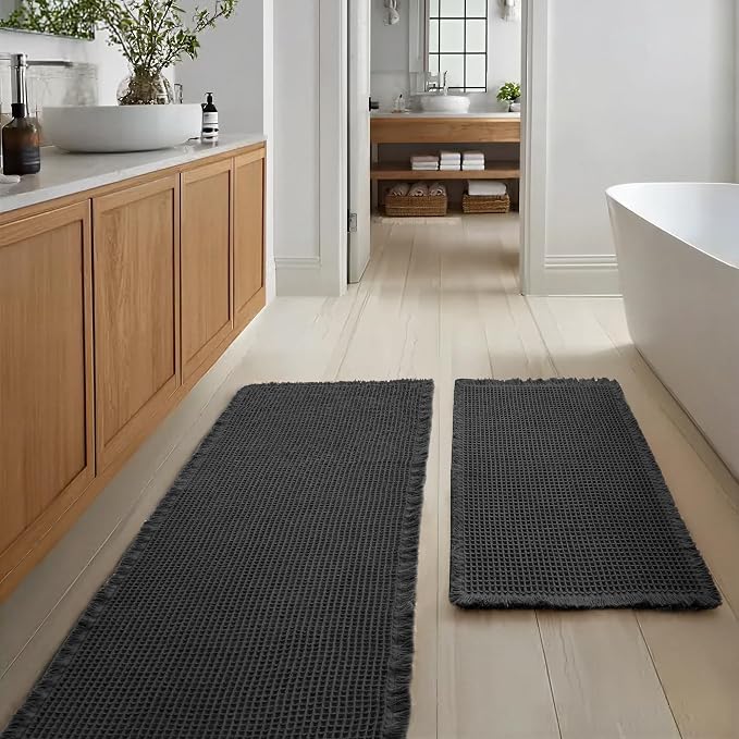 JIUZHEN Set of 2 Waffle Bath Mats Boho Bathroom Runner Rug 20"x32"+24"x60" | Black, Non Slip, Super Absorbent, Washable, Ultra Soft, Fast Drying Bath Rug and Bathroom Runner for Kitchen Hallway Laundry