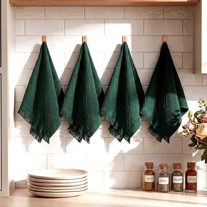 HunnmingRe 24 Pack Boho Hand Towel for Kitchen,Forest Green | 14x30 Inch, 100% Turkish Cotton, Summer Boho Decorative ,Towel Waffle ,Farmhouse Decor ,Absorbent Soft ,Guest Gift
