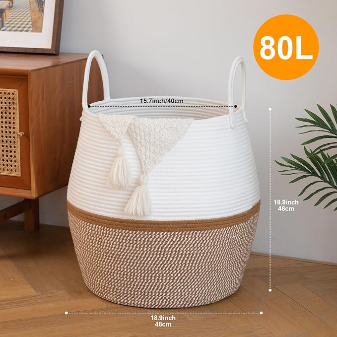 OIAHOMY 80L Blanket Basket with Handle, Storage Basket for Living Room, Laundry Hamper for Clothes, Towels, Pillows, Toy Storage for Kids and Dogs, Baby Hamper for Nursery - Brown & White