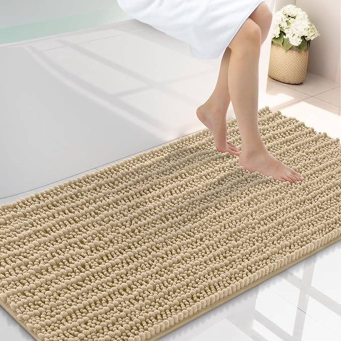 Smiry Bathroom Rugs 40X24, Extra Soft Rubber Backing Chenille Bath Mats | Beige Machine Washable Non Slip Quick Dry Bath Mats for Bathroom Floor, Tub, Shower, Home Decor Accessories