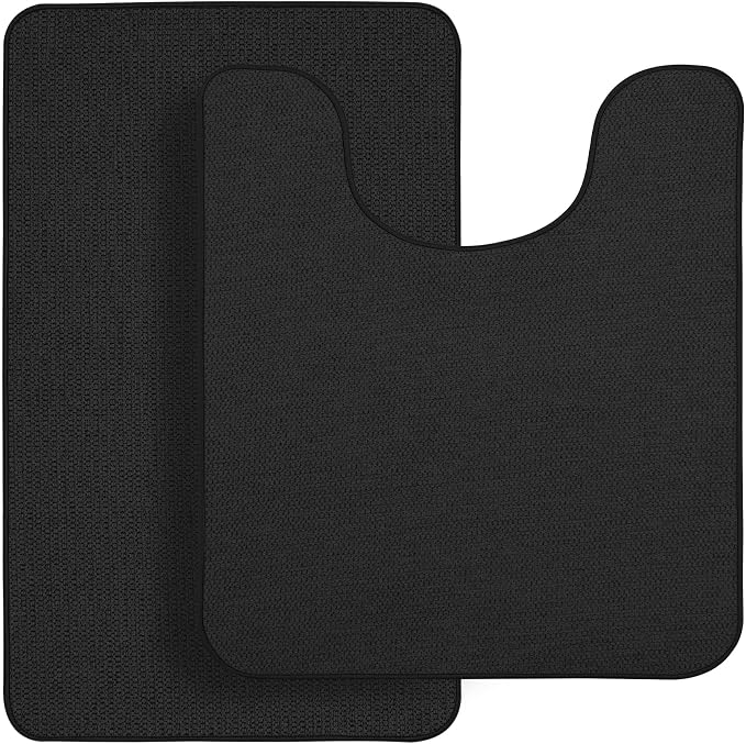 Bosap Bath Mat Set 2 Pieces,Ultra Thin Bathroom Rugs,Rubber Toilet Rugs | Non Slip,Quick Dry,Machine Washable,Low Pile,Absorbent,Shower,Sink,Bathroom Decor.(Black,17"x27" Plus 20"x24"U Shaped)