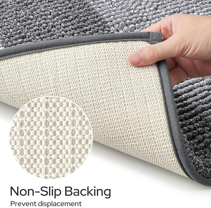 HOMEIDEAS Grey Bathroom Rugs Set of 2, Striped Chenille, 20"x32"+17"x24" | Non Slip Absorbent Bath Mats, Fluffy Striped Chenille Soft Shaggy Bath Rugs for Bathroom Floor and Tub, Machine Washable