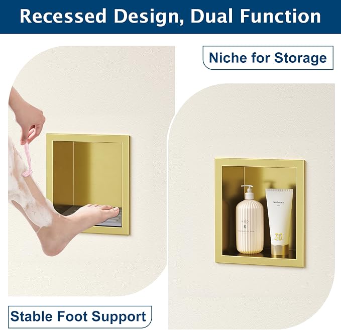 Neodrain Shower Foot Rest for Shaving Legs, 304 Stainless Steel Shower Niche, Recessed Shower Step for Shaving Legs,Niche for Shower Wall, Bathroom Foot Rest (Golden, 6.7" x 6")