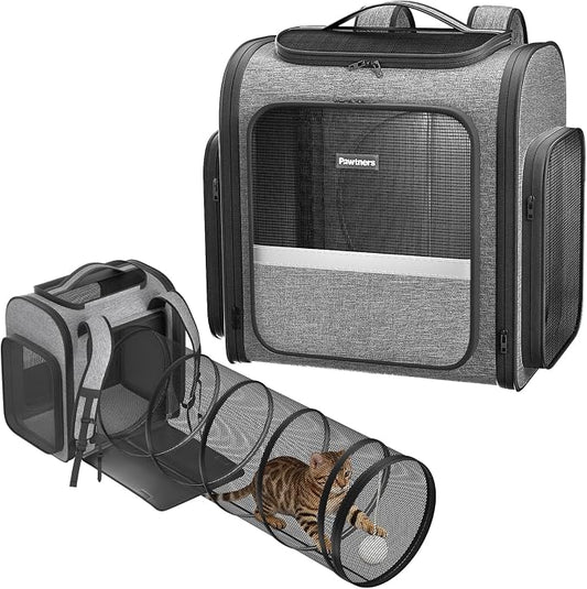 Pawtners Cat Backpack with Play Tunnel, Design for Carrying Playing Grey | Expandable, Foldable, Breathable, Lager Space, Durable, Perfect for Cat Small Dog, Travel Hiking Camping Walking Car