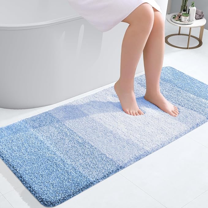 OLANLY Bathroom Runner Rug 40x20, Extra Soft Absorbent Microfiber Bath Rugs | Light Blue, Non-Slip Quick-Drying Rubber Backing, Washable Long Bath Mat for Floor, Tub and Shower, Home Decor