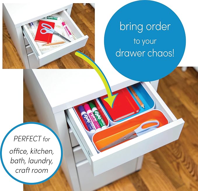 Three by Three Seattle 10 Piece Metal Organizer Tray Set for Storing Makeup, Stationery, Utensils, and More in Office Desk, Kitchen and Bathroom Drawers (2 Inch, Multicolor)