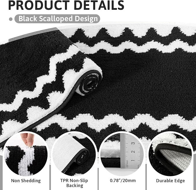 Findosom Bathroom Rugs Sets 3 Piece, Absorbent Soft Non-Slip Bath Rug Set | Washable Microfiber Shaggy Scalloped Bath Mat Set with Bathroom Runner Rug, U-Shaped Toilet Rugs, Shower Rug, Black