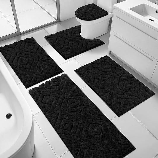 Ileading Bathroom Rugs Sets 5 Piece, Non Slip Washable Bath Mat Set | Absorbent Plush Microfiber Bathroom Mat Set with Toilet Cover, Bath Runner and U-Shaped Contour Rug for Tub, Shower, Black