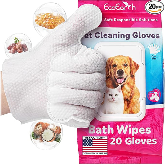 Premium Pet Cleaning Gloves for Dogs & Cats - 1 Bag of 20 Pcs - Disposable Glove Wipes for Bathing, Deodorizing & Grooming - Dog Bath Mitts for Paws, Fur, Face & Butt - Hypoallergenic + Lick Safe